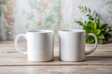 Two plain white ceramic coffee mugs on a rustic wooden table with blurred background, ideal for product branding or mockup design.