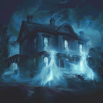 A dark and spooky haunted house with ghosts outside at night