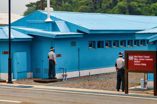 Panmunjom, South Korea - June 16 2010 : the highly militarized border between the two koreas and Panmunjeom united nations peace village in between