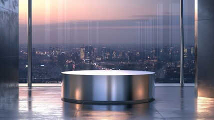 High End Minimalist Podium with Panoramic Cityscape View at Twilight