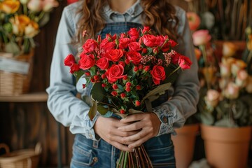 professional photo of a bouquet of red roses in the hands of a florist girl --ar 3:2 --stylize 250 Job ID: 14b5bd8c-9bc3-4034-897f-cc8cc6bca150