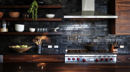 Dark kitchen interior featuring ebony stained wood