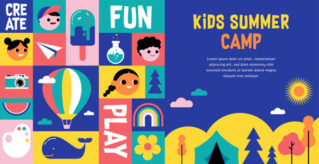 Kids Summer Camp concept design. Geometrical style colorful illustrations, icons. Banner, flyer, poster and social media template