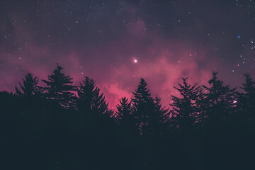 Aesthetic gradient cosmic violet and pink starry sky with silhouette forest trees landscape phone...