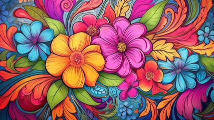 A Vibrant, Colorful, and Detailed Floral Illustration Featuring Diverse, Multi-Hued Flowers and Leaves in an Abstract Pattern