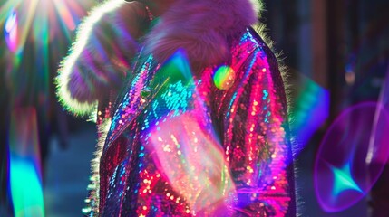 A designer showcases holographic outerwear featuring holographic fur coats and jackets that change colors as they move.