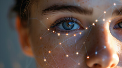 A detailed portrait highlighting facial biometric points such as the eyes and lips for AI facial recognition technology. The low camera angle captures the intricate features around the eyes and lips