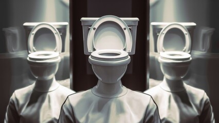 Naklejka premium Three persons with toilet seats instead their heads, AI