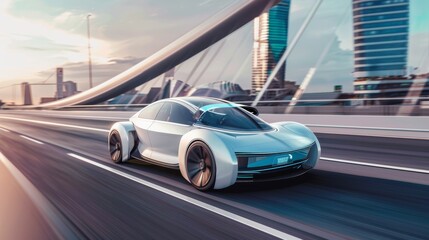 Futuristic electric car on a city road at sunset, blending advanced technology with environmental consciousness