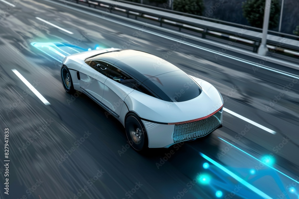 Poster high tech autonomous car navigating through a city, underlining the seamless integration of automati