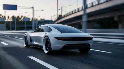 Fototapeta premium Futuristic sports car racing on a highway, highlighting the thrill of high speed electric mobility in a modern environment