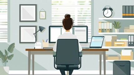 Business office people concept in modern flat design. Employees working at computers and calling phones sitting at desks. Colleagues at workplaces, person scene. Vector illustration for web banner
