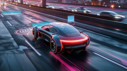 Streamlined electric sports car on a city highway, depicting the future of high performance and eco friendly urban mobility