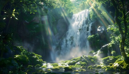 Sunlit Waterfall in Verdant Forest Serene Natural Beauty
