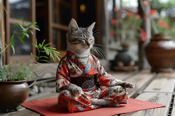 cat in oriental clothes meditates