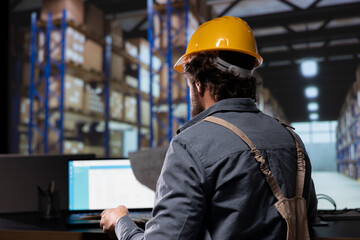 Warehouse engineer inspecting order details and receipts, creating inventory list for stock stored...