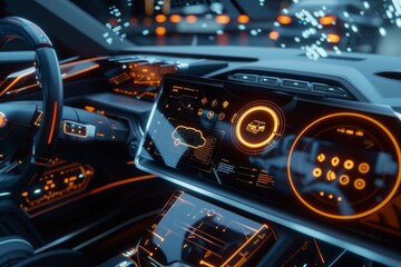 Naklejka premium High tech car cockpit with illuminated digital displays emphasizing dynamic driving experience