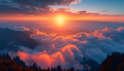 Fototapeta premium Stunning Sunset Over Mountains with Dramatic Cloudscape