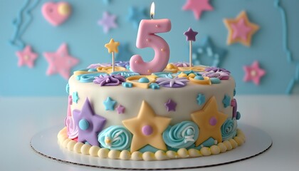 5th Birthday Cake with Star Decorations and Pastel Colors