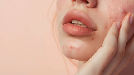 A closeup of a woman's face and hand, showing small red blemishes on her cheek that look like pustules or rose highlights. The woman is in her mid-30s with a natural skin tone and light pink nail 