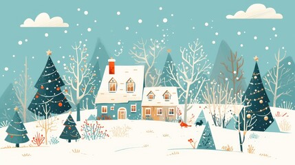 Create a lively 2d cartoon illustration showcasing a serene winter scene complete with a cozy house nestled among snow draped trees all set against a festive Christmas backdrop in a charmin