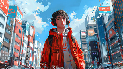 Lofi style a boy use headphone and wearing jacket in the city