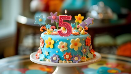 Colorful 5th Birthday Cake with Floral Decorations and Blue Icing
