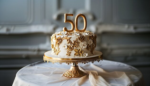 Elegant 50th Anniversary Cake with Golden Decorations
