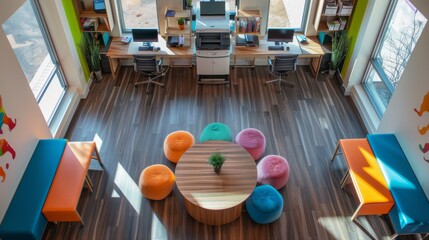 Top down view of vibrant kindergarten classroom with circular tables and colorful decor enhancing interactive learning experiences