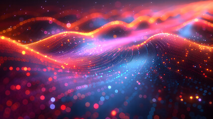 Obraz premium Colorful vibrant neon light stripes and dots, luminous lighttail stripes on a dark moody background, futuristic design, modern light art