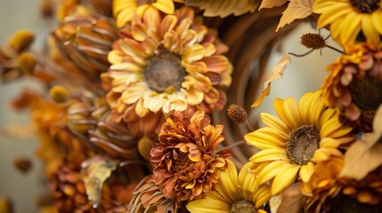 A wreath made entirely of dried sunflowers creating a warm and welcoming atmosphere.