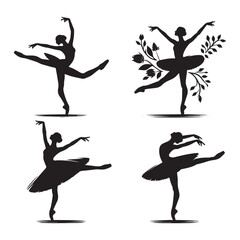 Ballet Dancer Silhouettes Vector Illustration in Black and White, Dancer Silhouettes in Vector Style
