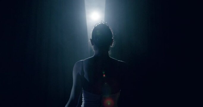 Young Prima Ballerina Entering Stage as Curtain Opens In Front Of Audience Dark Stage Sacrifice Flexibility Smoke Silhouette Slow Motion Red Epic