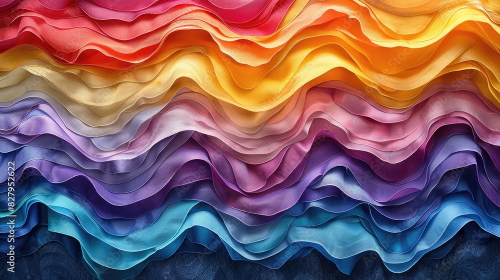 Poster a detailed capture of a textile rainbow with threads and fabrics creating dynamic and colorful wavy 