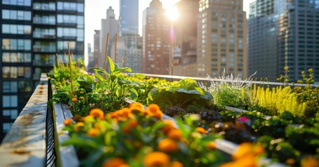 green plants and garden on rooftop of residential or office building, nature and contemporary architecture, balance and harmony of city and human, sustainable roof top ecosystem