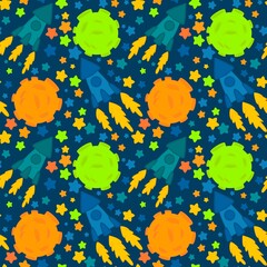 Cartoon seamless rocket and sky pattern for wrapping paper and fabrics