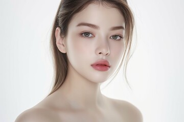 Fototapeta premium close up face portrait of young pretty Asian woman with bright flawless skin, beauty cosmetic or skincare fashion portrait with copy space