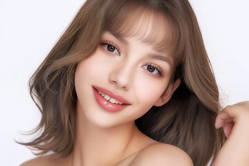 Fototapeta premium close up face portrait of young pretty Asian woman with bright flawless skin, beauty cosmetic or skincare fashion portrait with copy space