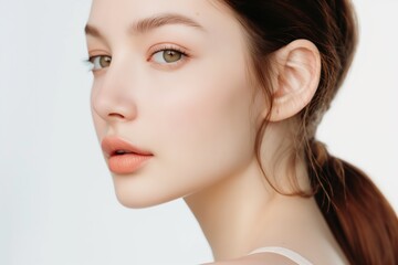 Fototapeta premium close up face portrait of young pretty Asian woman with bright flawless skin, beauty cosmetic or skincare fashion portrait with copy space