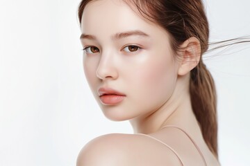 Naklejka premium close up face portrait of young pretty Asian woman with bright flawless skin, beauty cosmetic or skincare fashion portrait with copy space