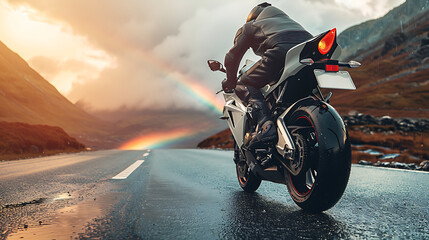 Sport motorcycle on the highway with nature landscape and rainbow
