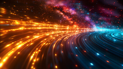 Obraz premium Colorful vibrant neon light stripes and dots, luminous lighttail stripes on a dark moody background, futuristic design, modern light art