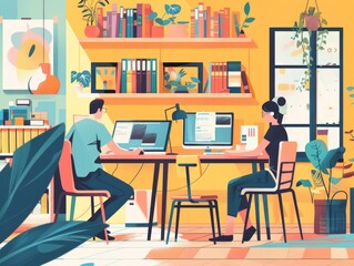 Consider people working remotely, at an at-home office set up, with small details of the home environment visible in the background. 