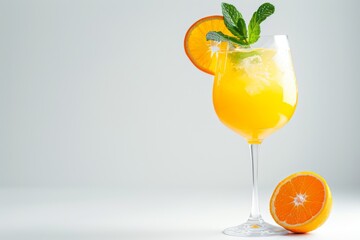 Orange juice served in a glass with a slice of orange and mint leaves on top
