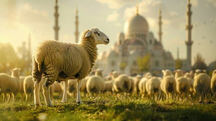 Sheep Standing and Spreading Festival Greetings and Happiness with stunning mosque on background - Powered by Adobe