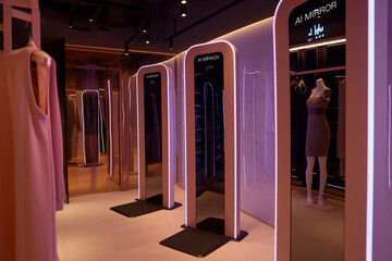 Futuristic ai smart mirrors in fashion store