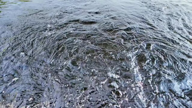Water wash from astern or back of the boat.  Loose or broken water left behind by vessel propeller as it moves through water while boating at the lake with electric trolling motor.