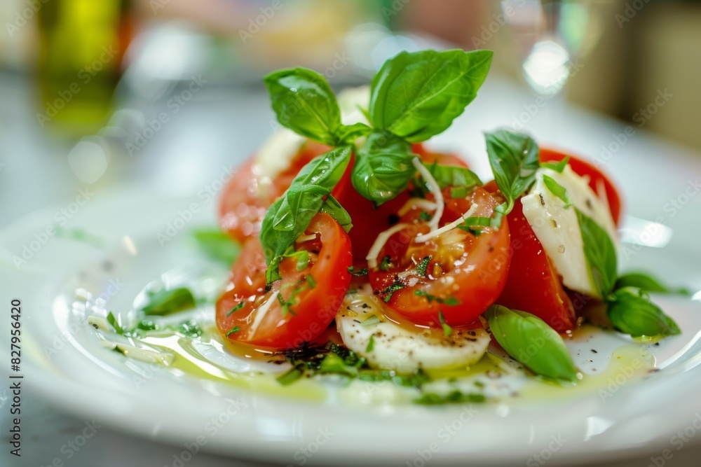 Wall mural Close up of a plate of food with tomatoes and basil on a table