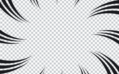 Obraz premium Transparent manga background. Comic explosion, motion speed vector radial line action effect. Anime comic book abstract frame with black pattern of superhero action lines.