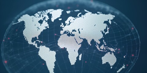 Digital world map with glowing cyber data points on dark blue background. Global connectivity and internet technology concept. Design for network, communication, technology innovation theme. AIG35.